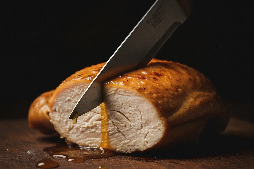 Knife carving a roasted American Bresse breast, dense slices holding their juices