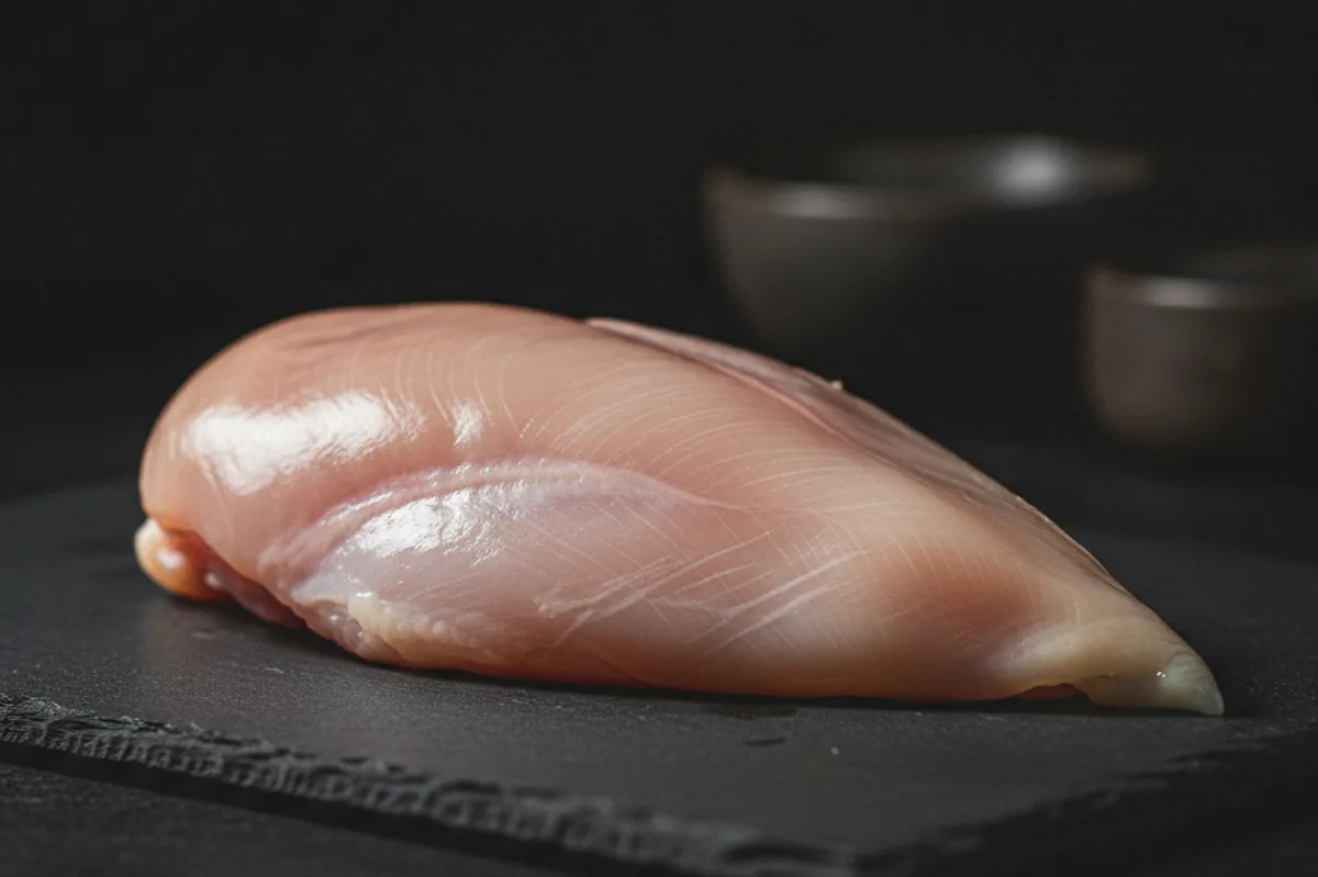 A raw Bresse breast beside a Cornish Cross breast — fine seams of fat inside one, none in the other