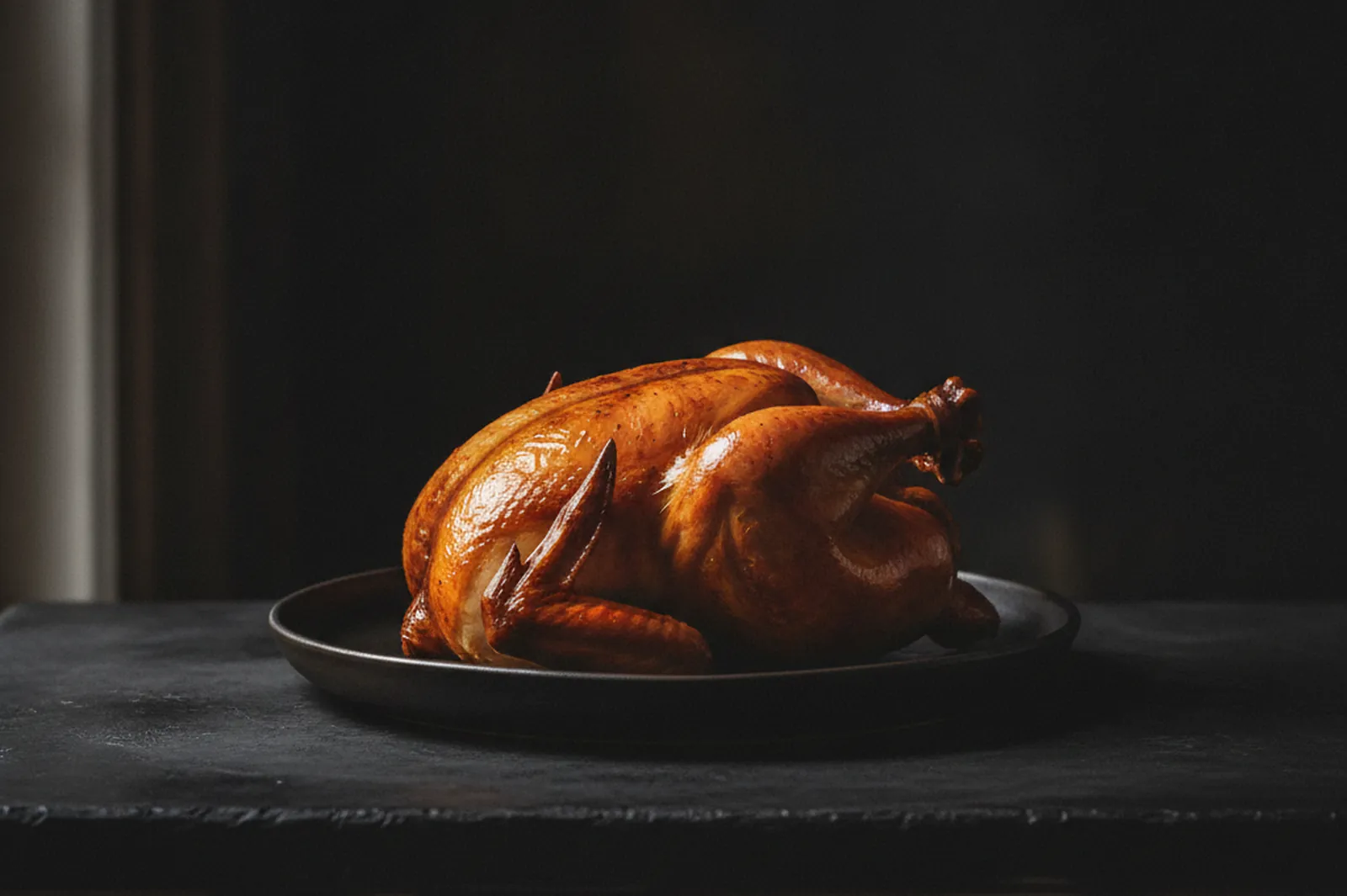 A finished, dressed American Bresse on the counter — feet left on, the way France proves the bird